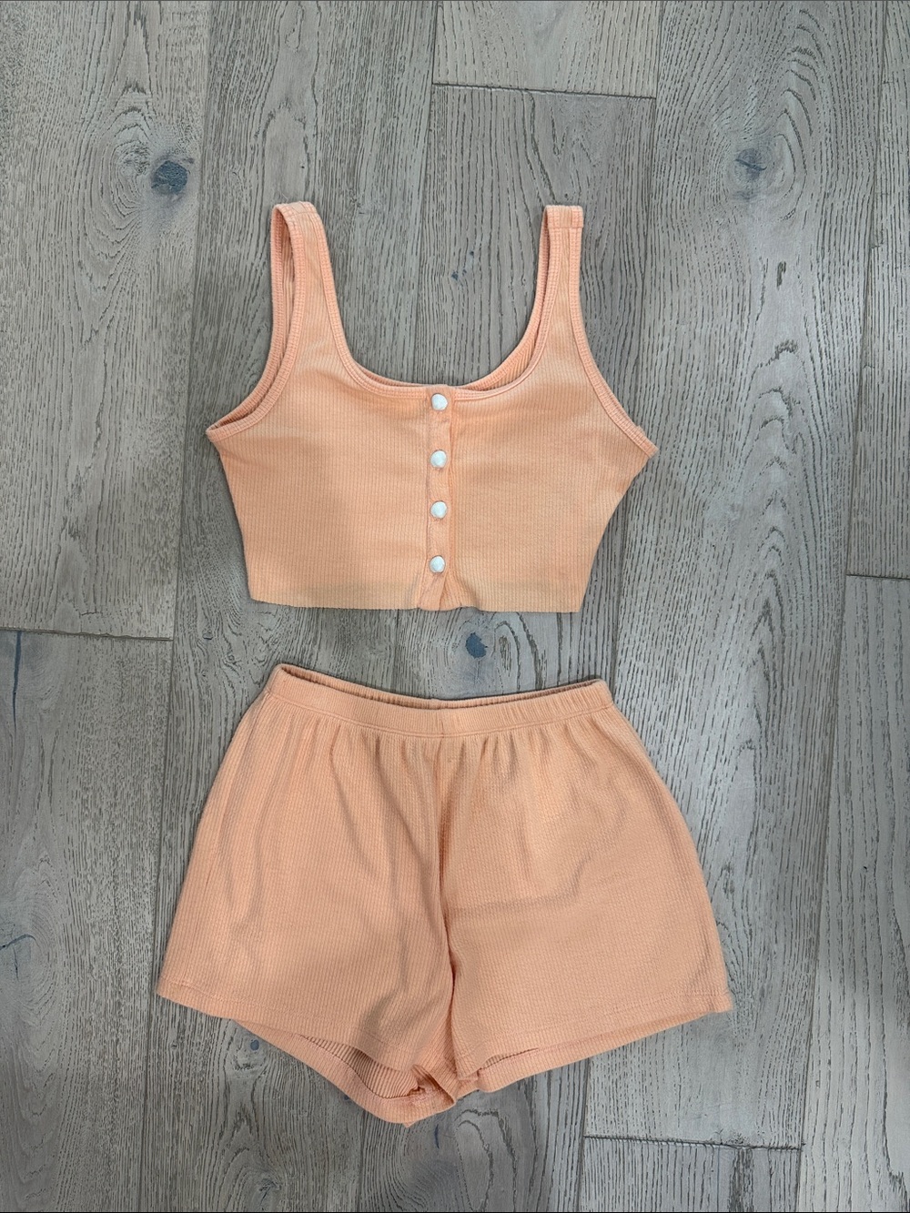 Peach Ribbed Button-Front Lounge Set - Women Intimates